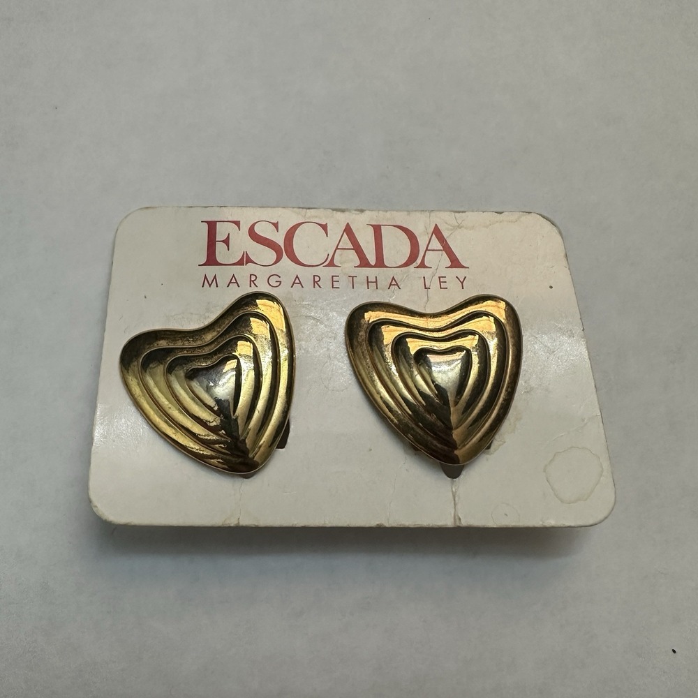 Vintage Escada Margaretha Ley Gold Tone Heart Statement Clip-On Earrings 80s